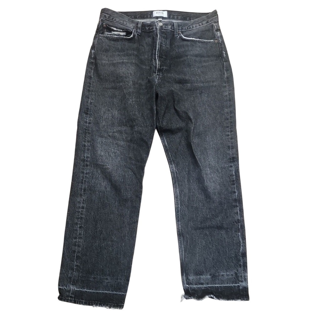 Agolde 90s Mid Rise Loose Jeans Slouch Straight‎ Leg Gray Rolled Hem 30 Button